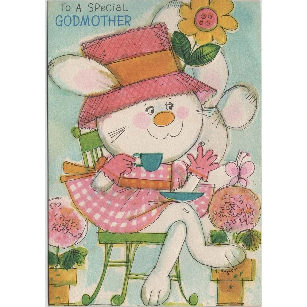 Vintage 1969 Hallmark Mother's Day Godmother Card Bunny Mouse Die Cut